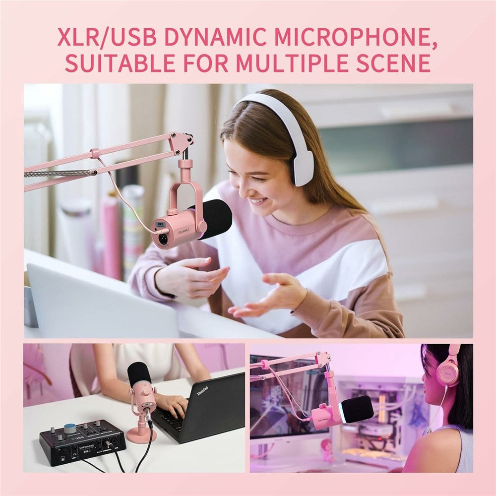FEELWORLD PM1-XS-P RGB Lighting Dynamic Microphone XLR  /  USB Dual Output Desktop Mic with 3.5mm Headphone Jack