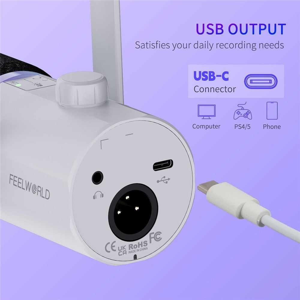 FEELWORLD PM1-XS-W XLR  /  USB Dual Output Desktop Mic for Recording  /  Gaming  /  Streaming Professional Dynamic Microphone