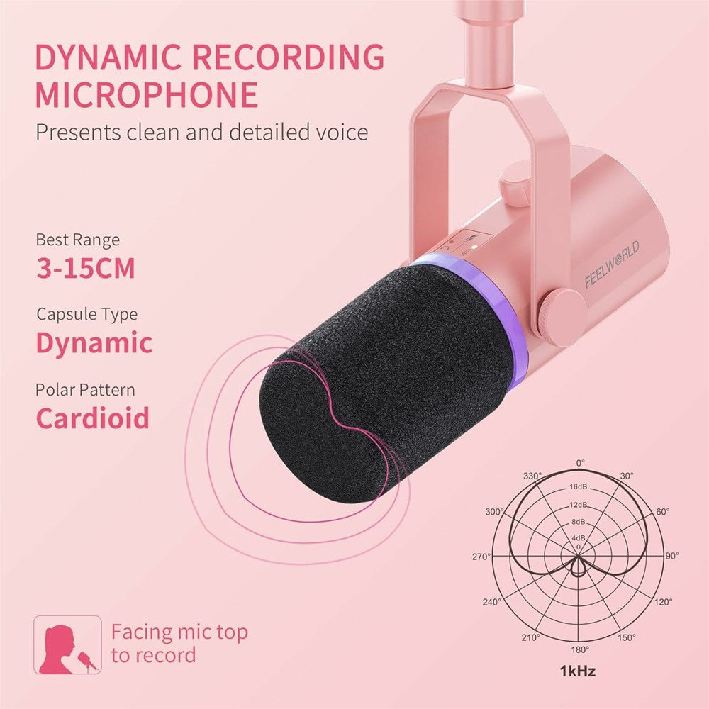 FEELWORLD PM1-AS-P Dynamic Microphone with Boom Arm Stand XLR / USB Dual Output for Podcast Recording / Gaming / Live Streaming