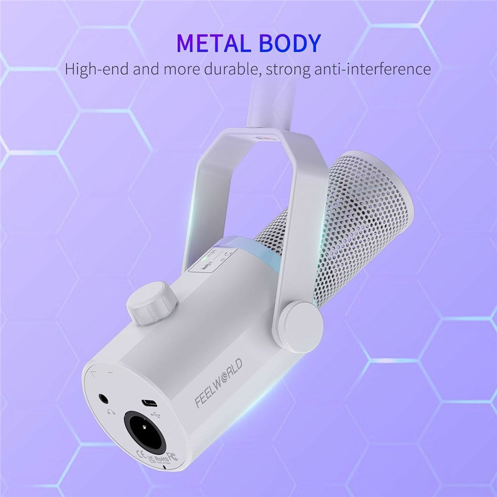 FEELWORLD PM1-AS-W Dynamic Microphone with Boom Arm Stand XLR / USB Dual Output for Podcast Recording / Gaming / Live Streaming