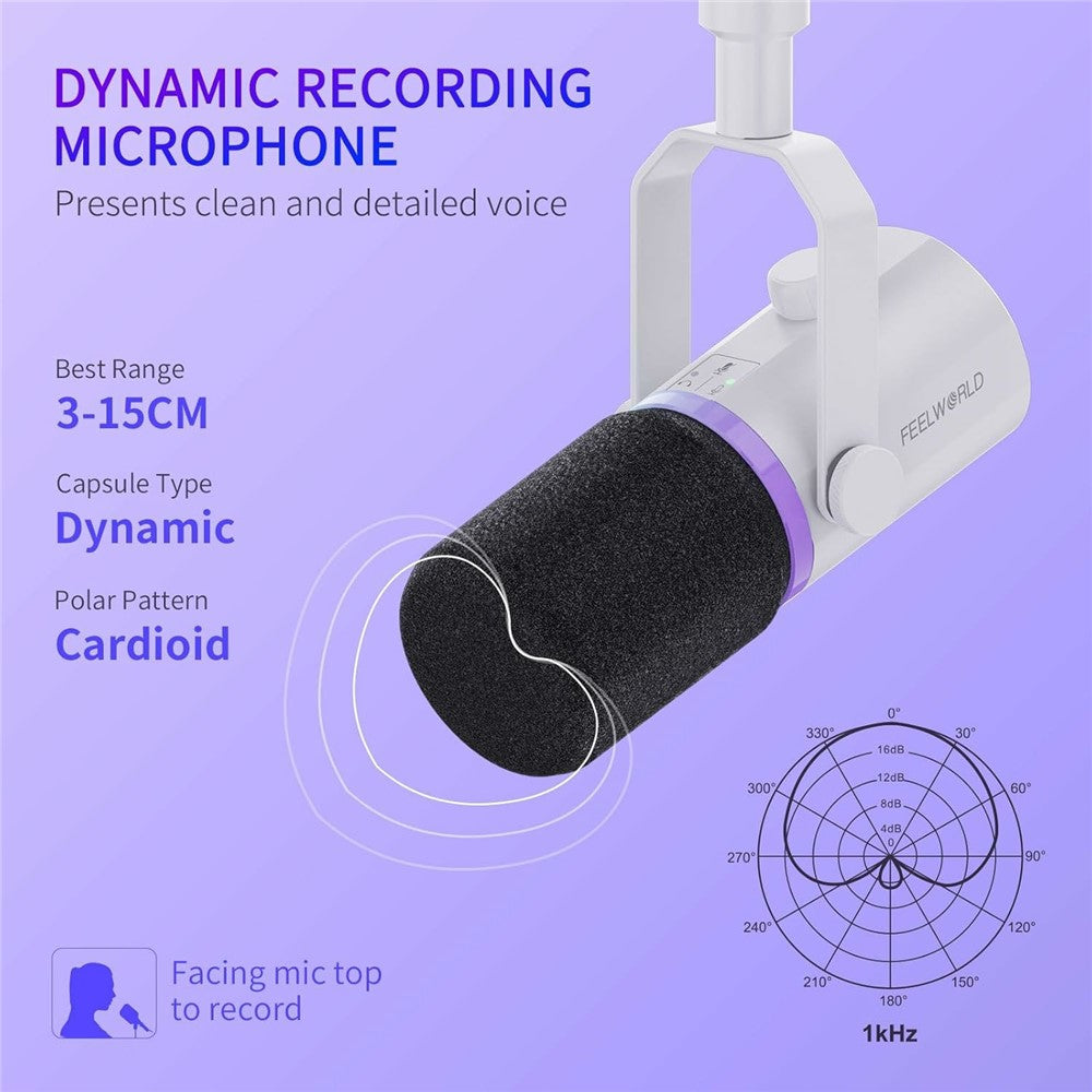 FEELWORLD PM1-AS-W Dynamic Microphone with Boom Arm Stand XLR / USB Dual Output for Podcast Recording / Gaming / Live Streaming