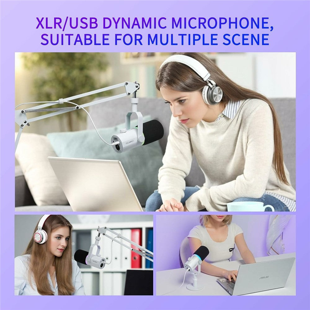 FEELWORLD PM1-AS-W Dynamic Microphone with Boom Arm Stand XLR / USB Dual Output for Podcast Recording / Gaming / Live Streaming