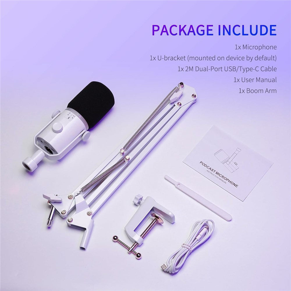 FEELWORLD PM1-AS-W Dynamic Microphone with Boom Arm Stand XLR / USB Dual Output for Podcast Recording / Gaming / Live Streaming