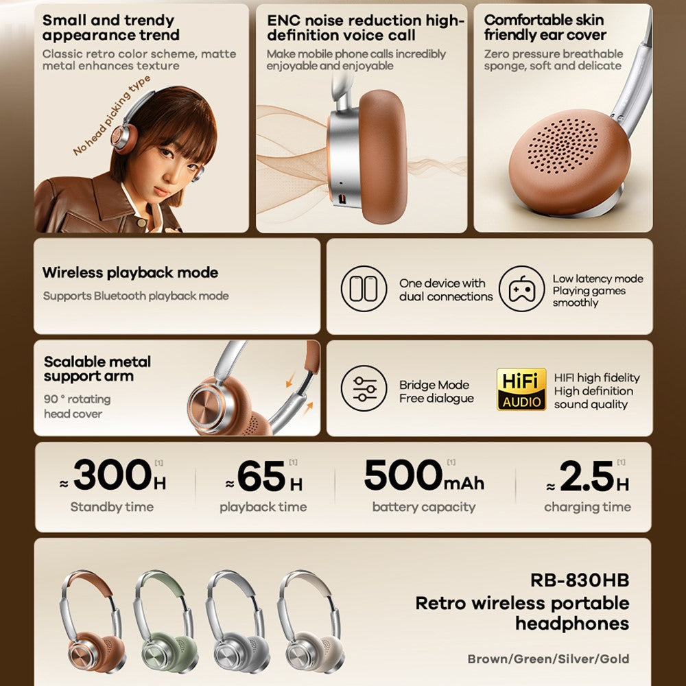 REMAX RB-830HB Wireless Headphones Retro Portable On-Ear Bluetooth-compatible Headset with ENC Noise Cancellation