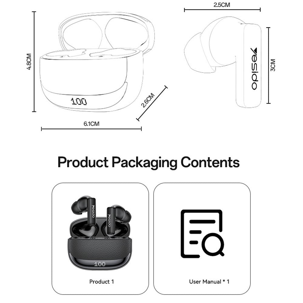 YESIDO TWS40 Bluetooth-Compatible Headphones ANC+ENC Noise Cancellation Wireless Earbuds NTC Temperature Control
