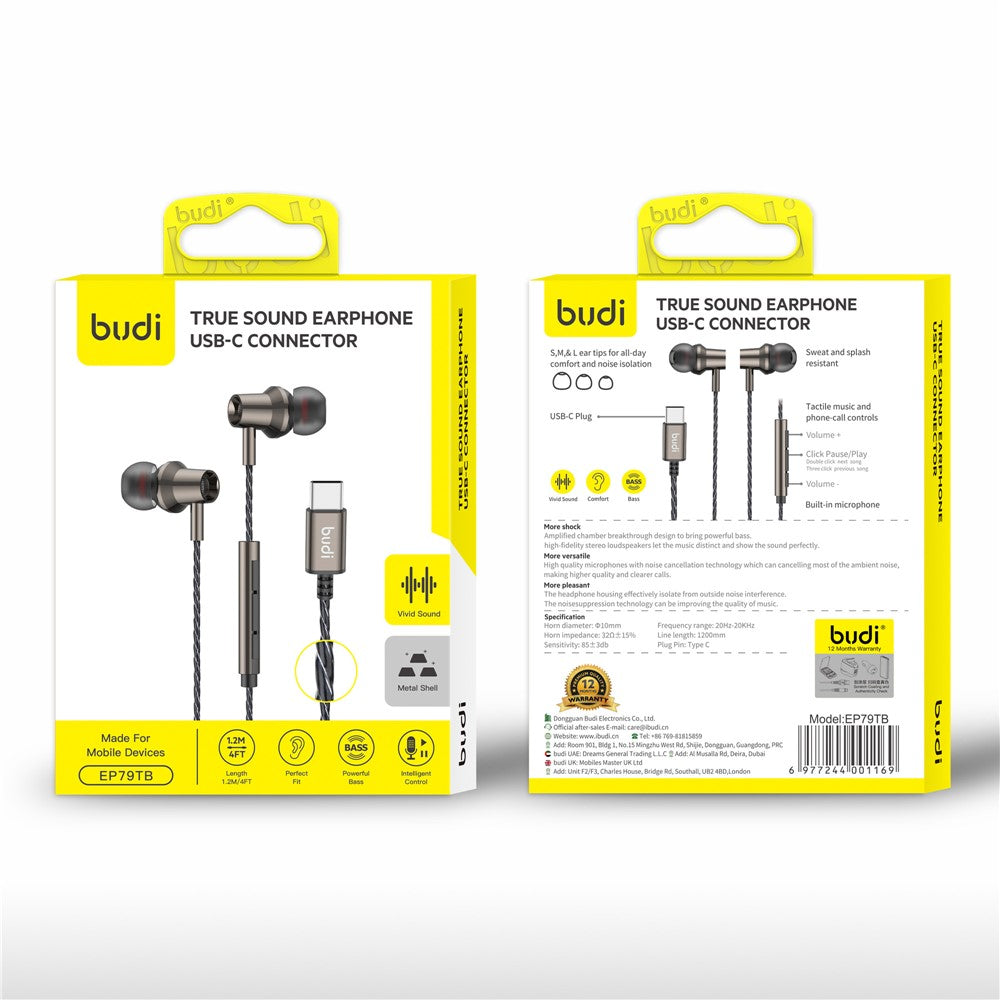 BUDI EP79TB In-Ear Earphones with USB-C Connector 1.2m Type-C Wired Earphones for Smartphones / Tablets / Laptops