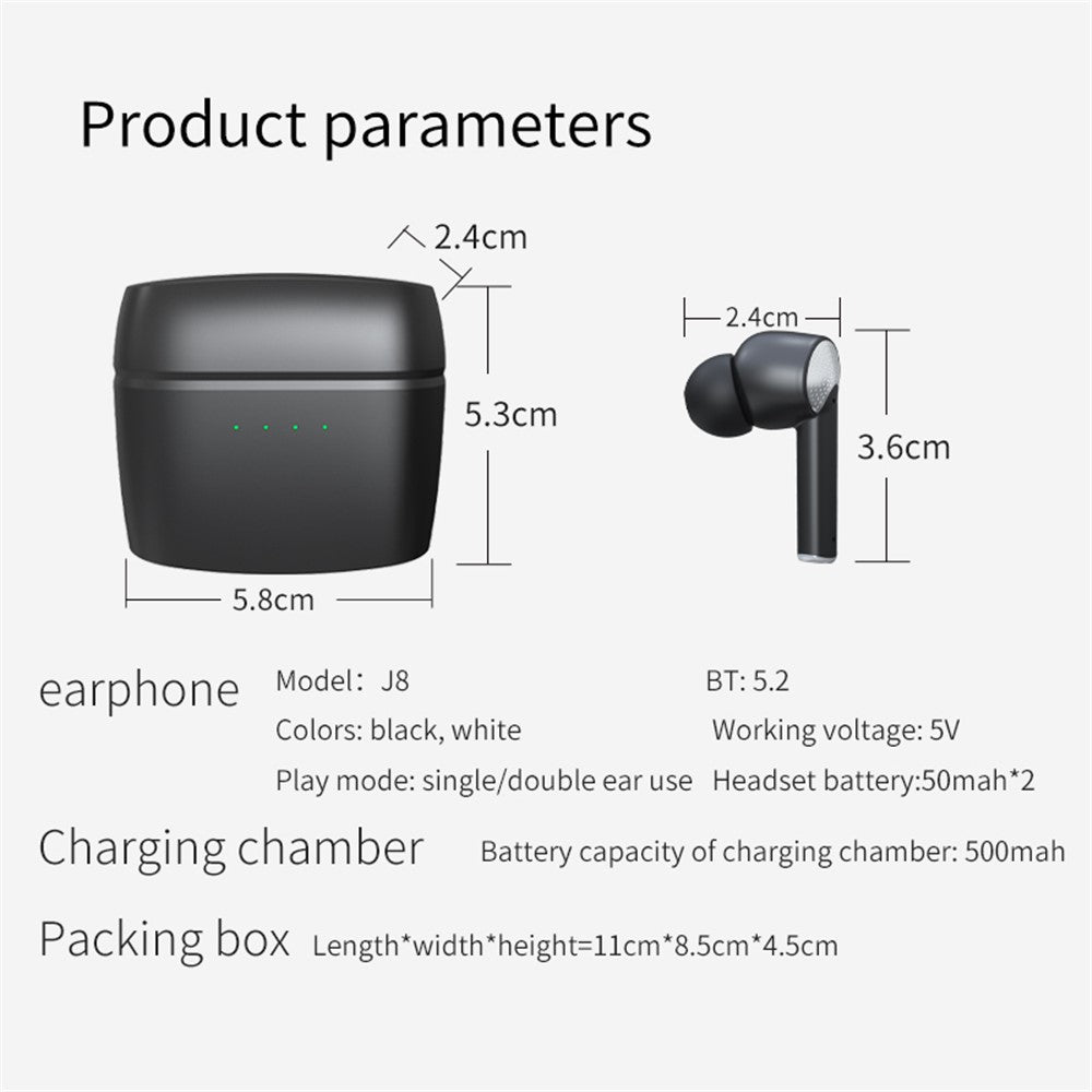J8 Bluetooth-compatible Headphones with Indicator Light Portable TWS Earbuds Noise Reduction Wireless Headset