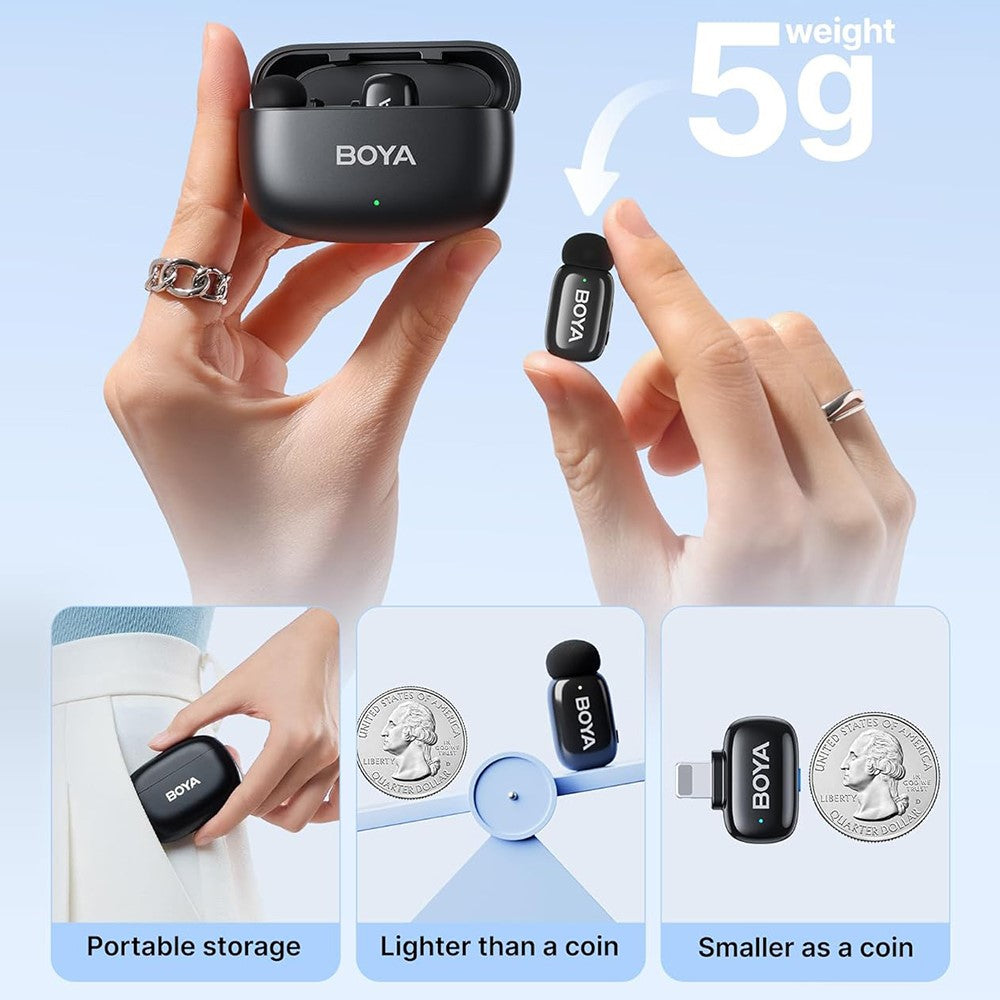 BOYA mini Mfi Certified 2Pcs Wireless Lavalier Microphone AI Noise Reduction Mic with Lightning + USB-C Receiver
