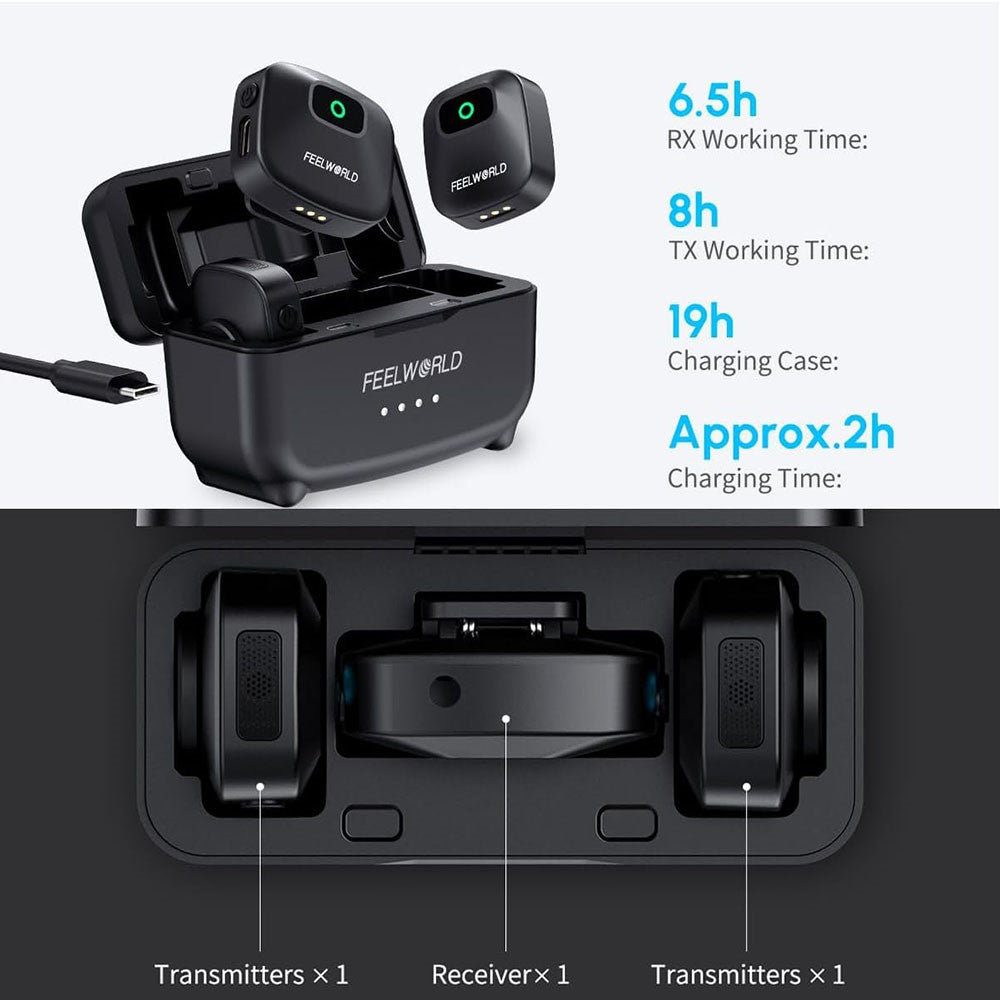 FEELWORLD LM1 Wireless Lavalier Microphone System for Phone Camera PC, 2 Transmitters + 1 Receiver + Charging Case
