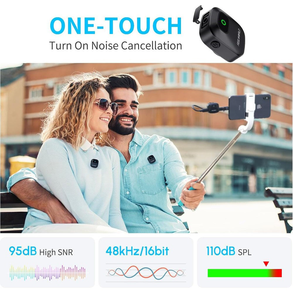 FEELWORLD LM1 Wireless Lavalier Microphone System for Phone Camera PC, 2 Transmitters + 1 Receiver + Charging Case