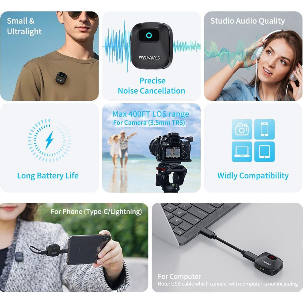 FEELWORLD LM1 Wireless Lavalier Microphone System for Phone Camera PC, 2 Transmitters + 1 Receiver + Charging Case