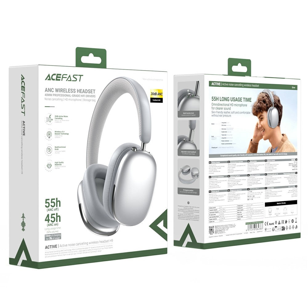 ACEFAST H9 Active Noise Cancelling Headphones Wireless Over-Ear Headsetwith Multi-Function Button