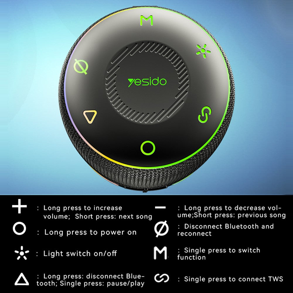 YESIDO YSW22 Portable Bluetooth-compatible Speaker RGB Light Waterproof Wireless Music Subwoofer