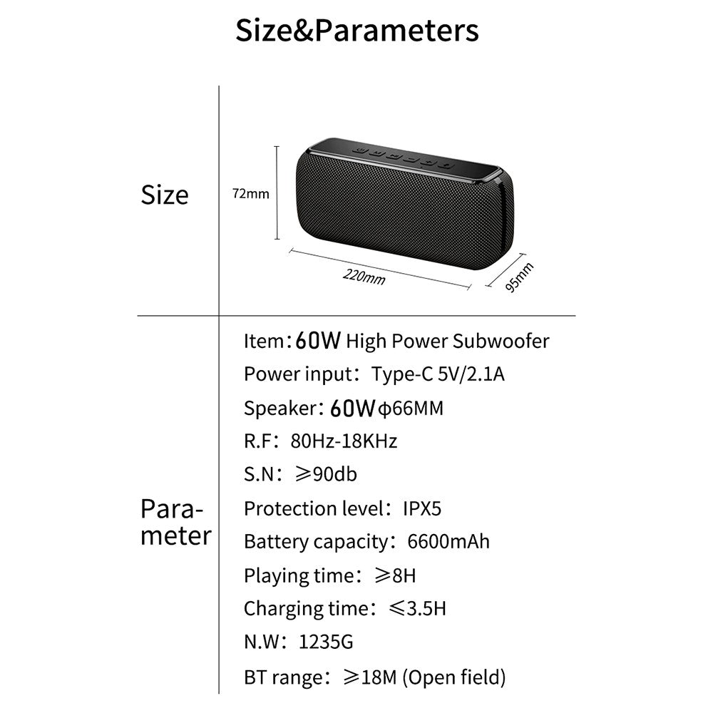 V7 Pro 60W Wireless Bluetooth-Compatible 5.0 Bass Speaker Rechargeable Waterproof Subwoofer