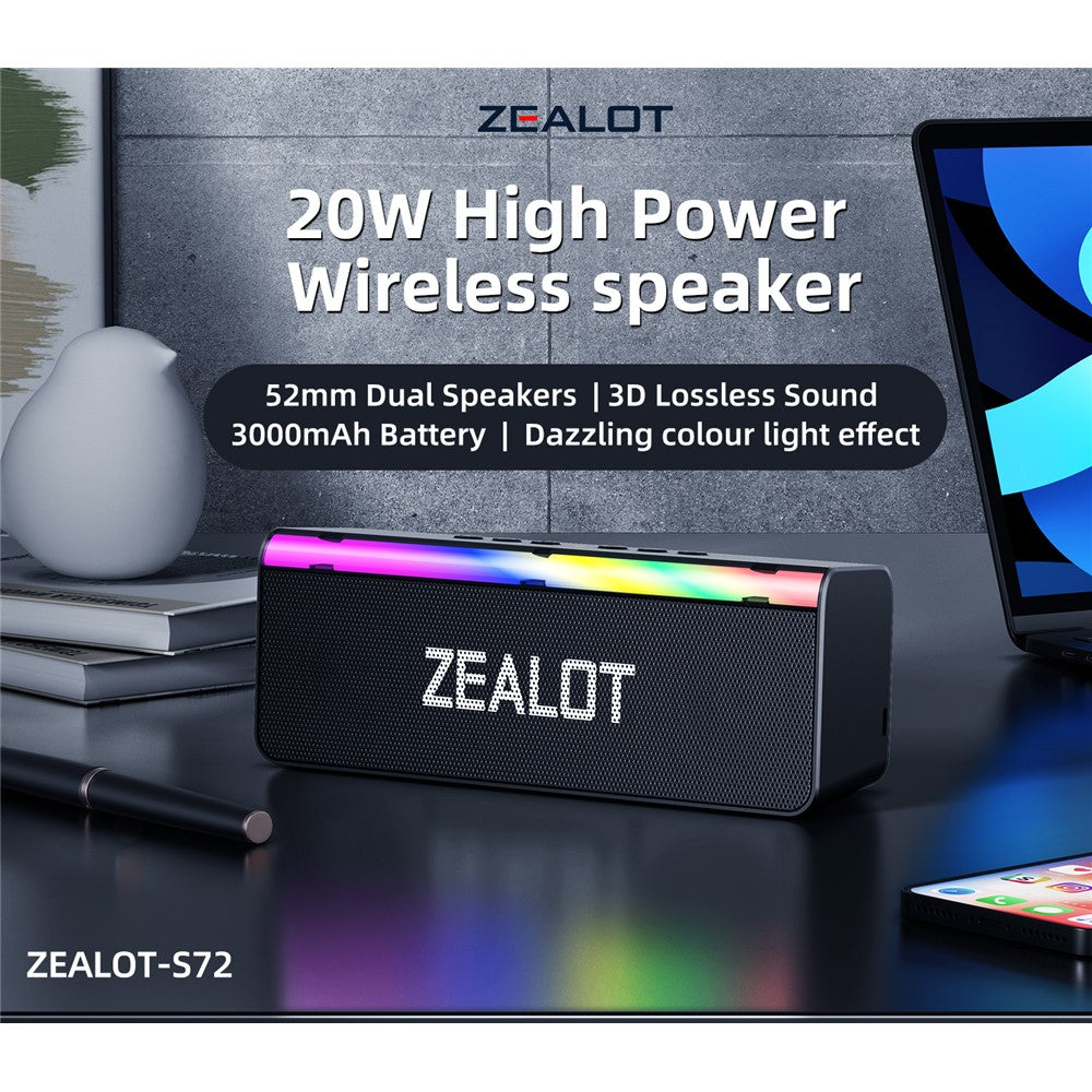 ZEALOT S72 20W Portable Bluetooth-compatible Speaker BT5.4 Subwoofer with LED Light Support TF U-Disk