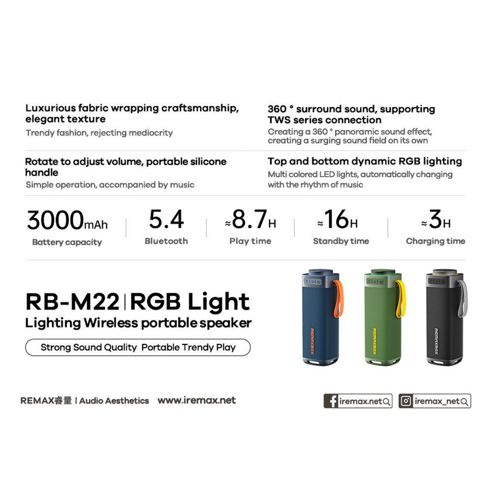 REMAX RB-M22 Portable Wireless Bluetooth-compatible Speaker with RGB Lighting TWS Pairing