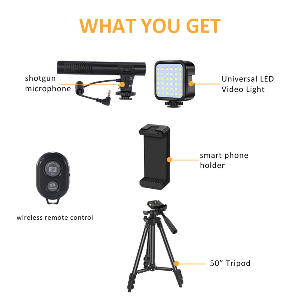 K-05LM Vlogging Kit with Microphone 36 LED Light Bluetooth-compatible Remote Smart Phone Holder Tripod