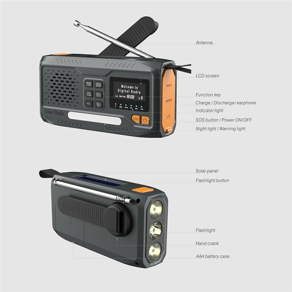 WR-6B Outdoor DAB Radio Speaker Power Bank Solar Powered Hand Crank Emergency Radio