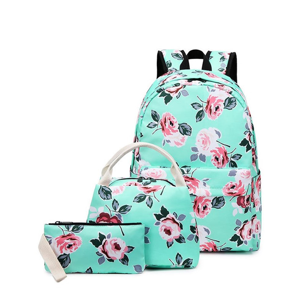 3Pcs Waterproof School Bags Flower Printing Student Backpack Bento Box Bag Clutch Bag Set