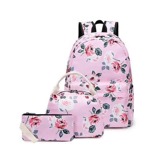 3Pcs Waterproof School Bags Flower Printing Student Backpack Bento Box Bag Clutch Bag Set