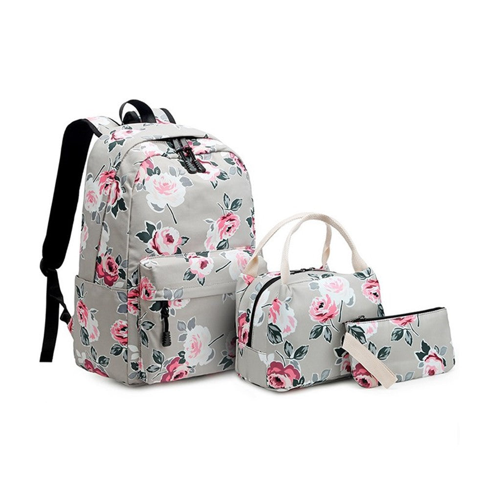3Pcs Waterproof School Bags Flower Printing Student Backpack Bento Box Bag Clutch Bag Set