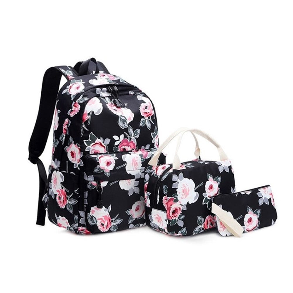 3Pcs Waterproof School Bags Flower Printing Student Backpack Bento Box Bag Clutch Bag Set