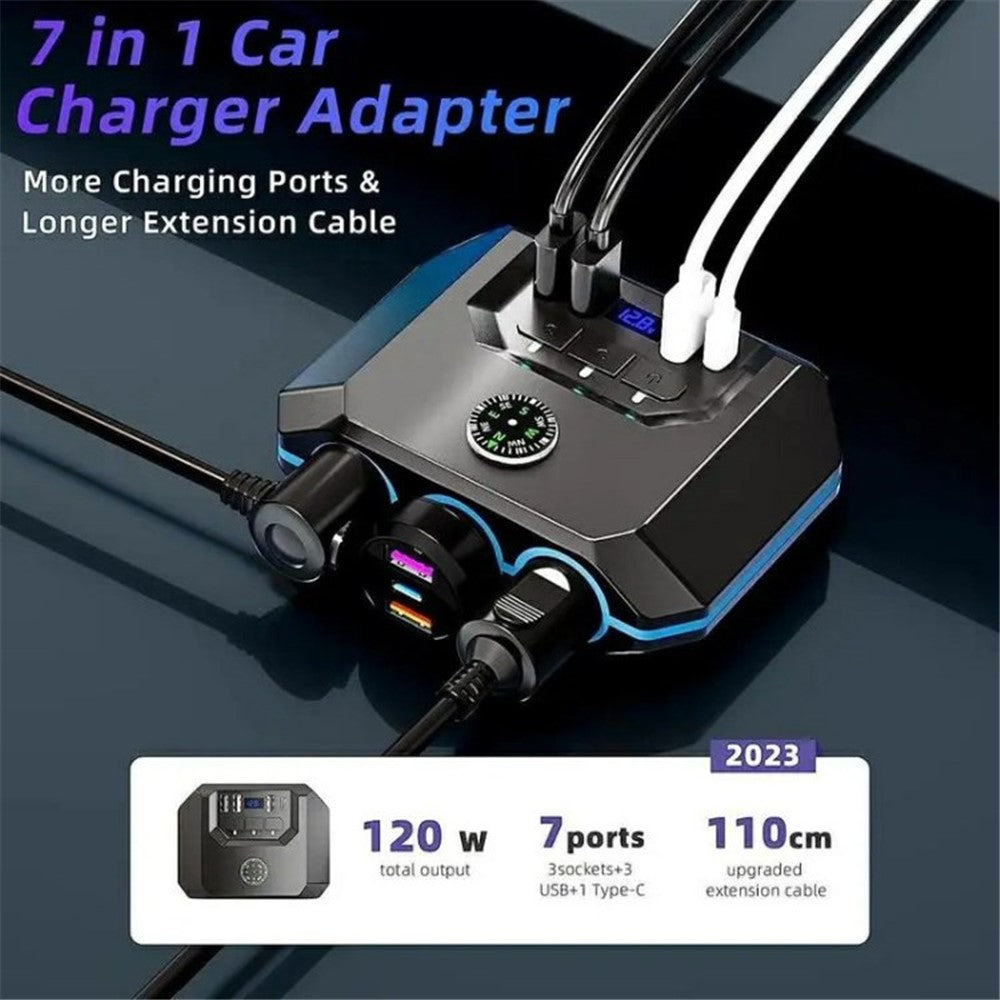 3 USB + 1 Type-C Car Charger 3 Cigarette Lighter Sockets Charging Adapter