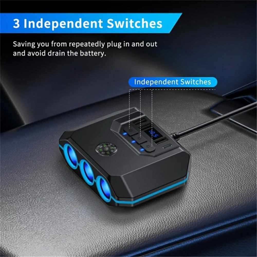 3 USB + 1 Type-C Car Charger 3 Cigarette Lighter Sockets Charging Adapter
