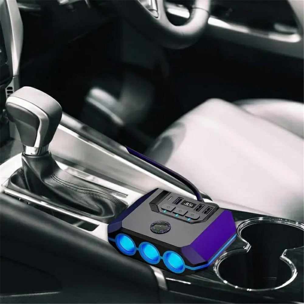 3 USB + 1 Type-C Car Charger 3 Cigarette Lighter Sockets Charging Adapter