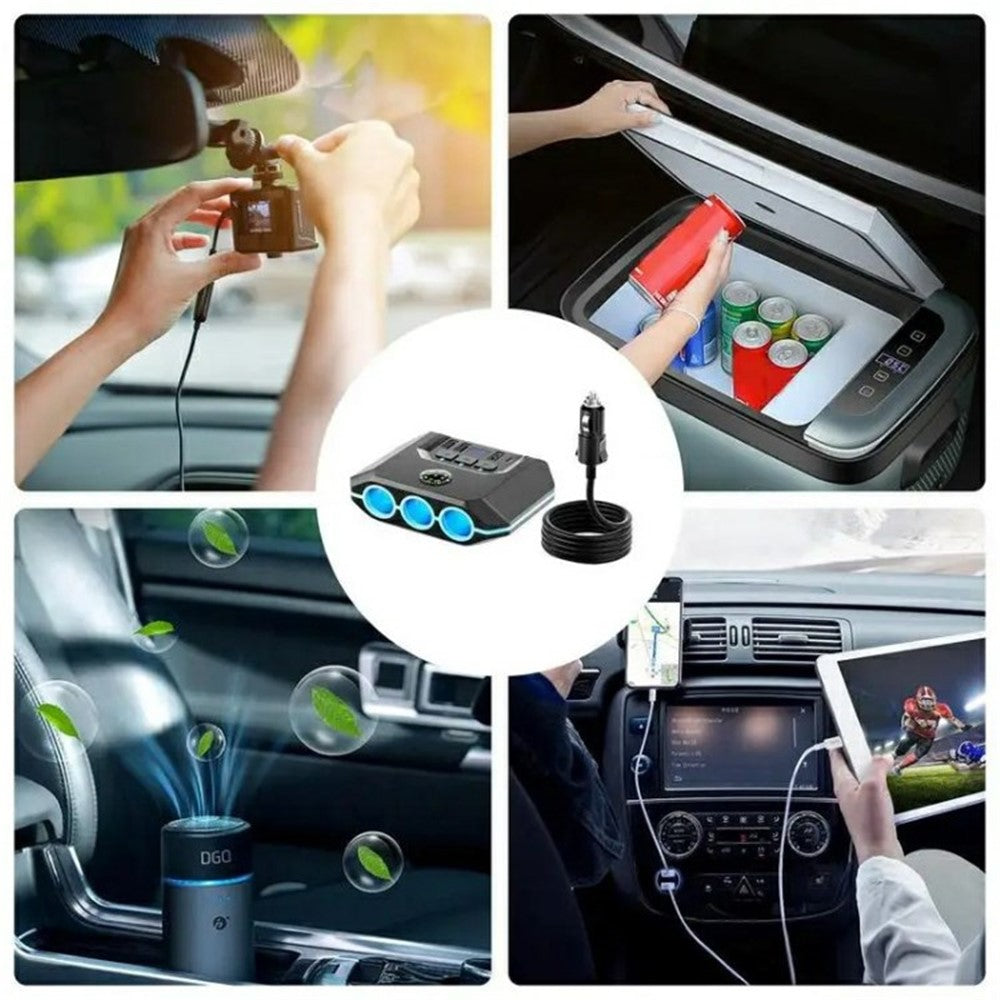 3 USB + 1 Type-C Car Charger 3 Cigarette Lighter Sockets Charging Adapter