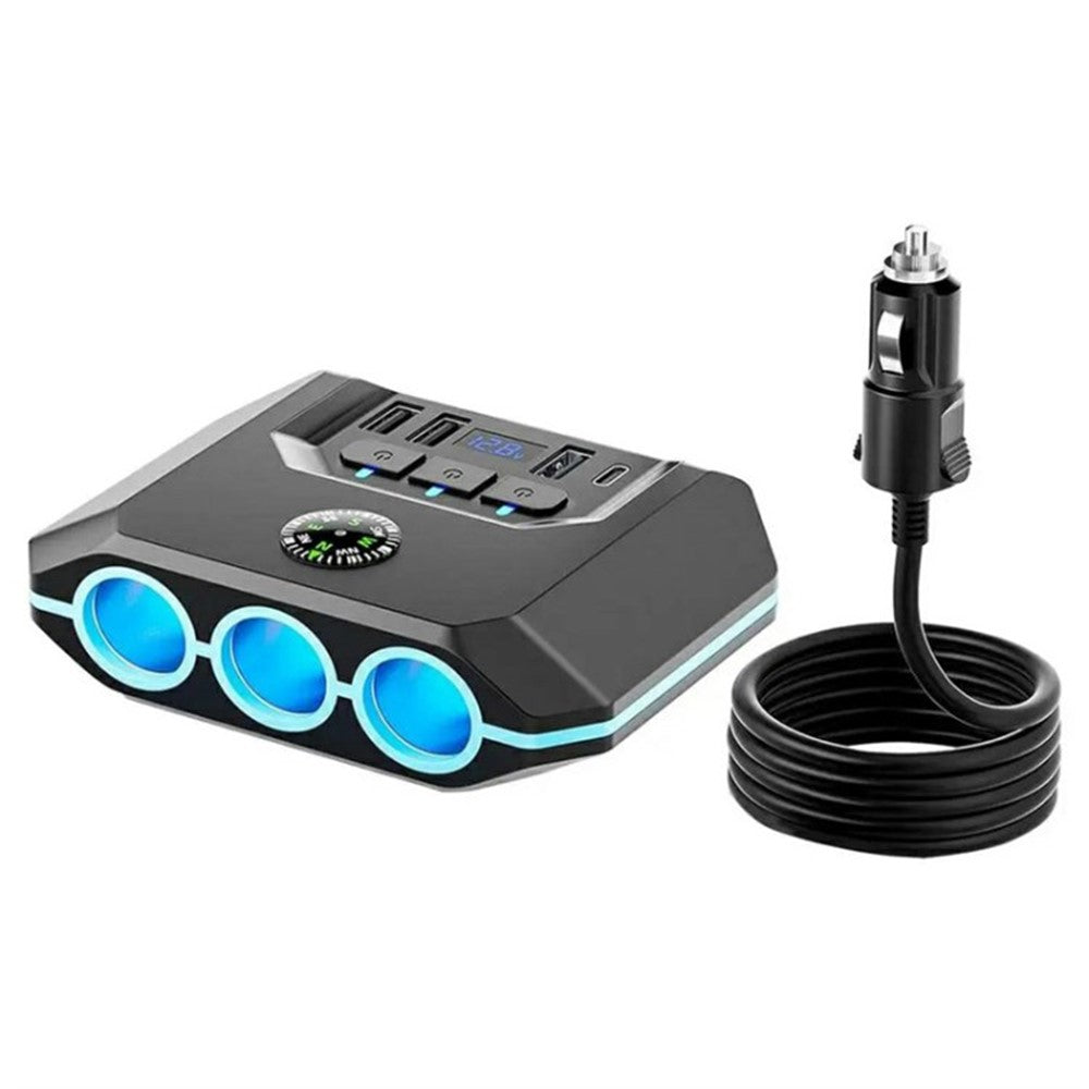 3 USB + 1 Type-C Car Charger 3 Cigarette Lighter Sockets Charging Adapter