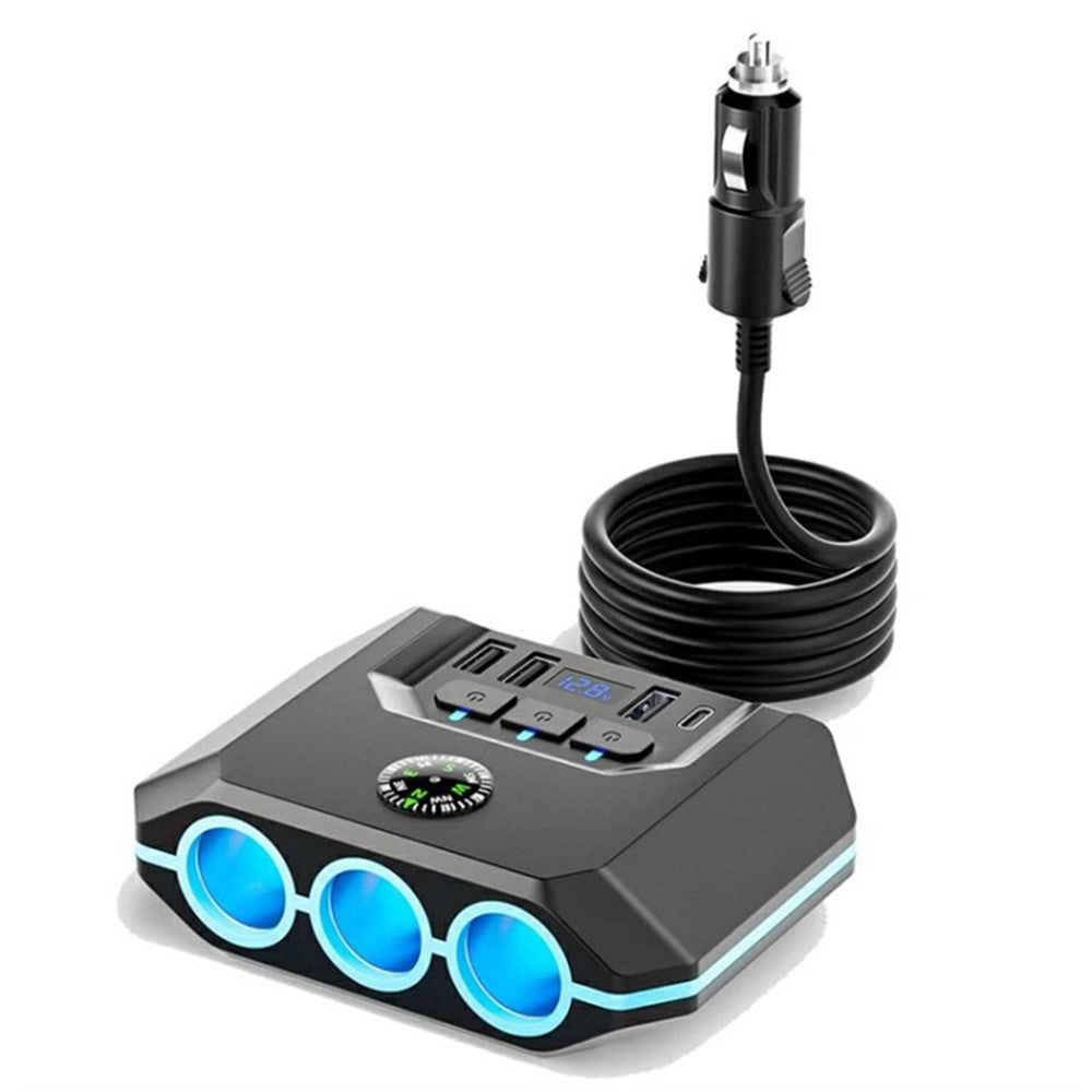 3 USB + 1 Type-C Car Charger 3 Cigarette Lighter Sockets Charging Adapter