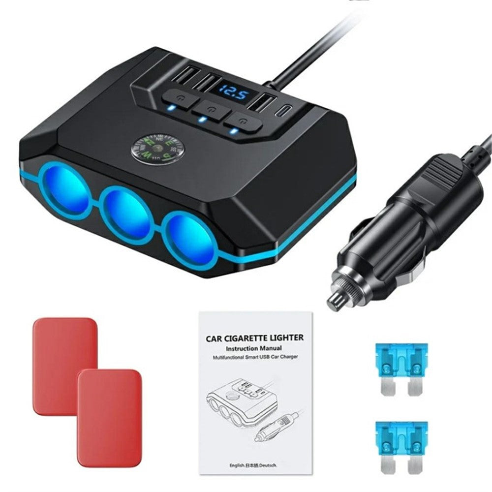 3 USB + 1 Type-C Car Charger 3 Cigarette Lighter Sockets Charging Adapter