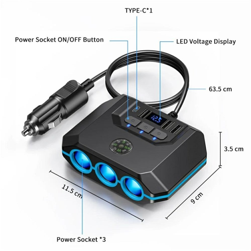 3 USB + 1 Type-C Car Charger 3 Cigarette Lighter Sockets Charging Adapter