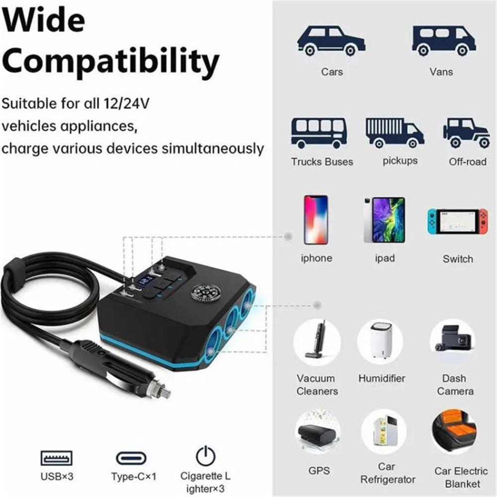 3 USB + 1 Type-C Car Charger 3 Cigarette Lighter Sockets Charging Adapter