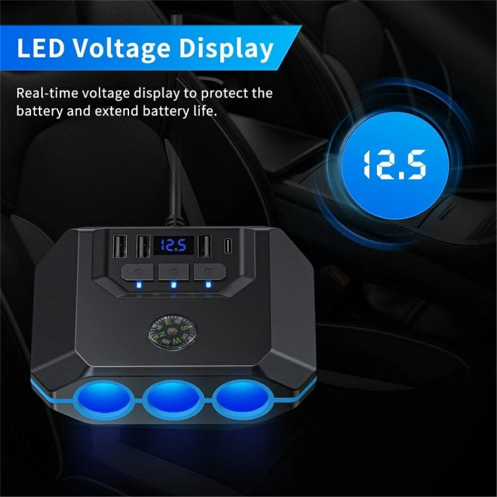 3 USB + 1 Type-C Car Charger 3 Cigarette Lighter Sockets Charging Adapter