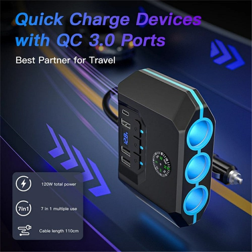 3 USB + 1 Type-C Car Charger 3 Cigarette Lighter Sockets Charging Adapter