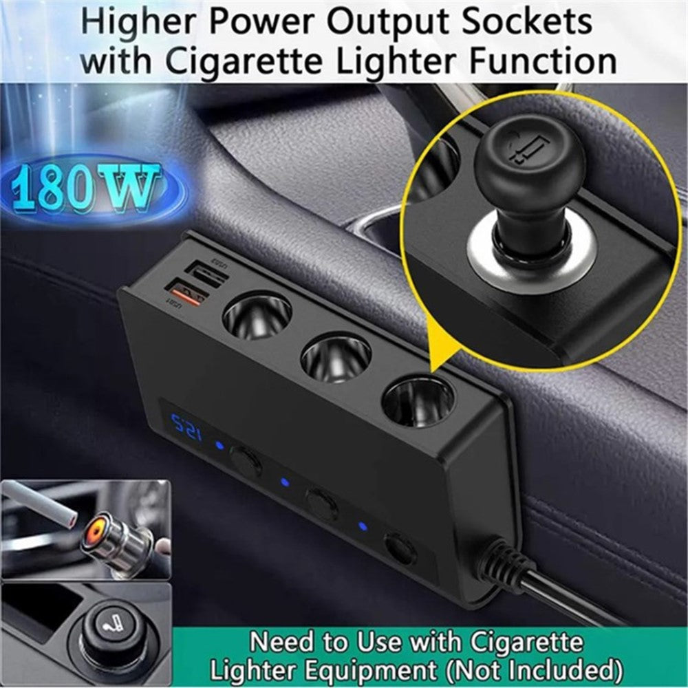 180W Car Charger 3 Cigarette Lighter Sockets 4 USB Ports QC3.0 Phone Fast Charging Adapter