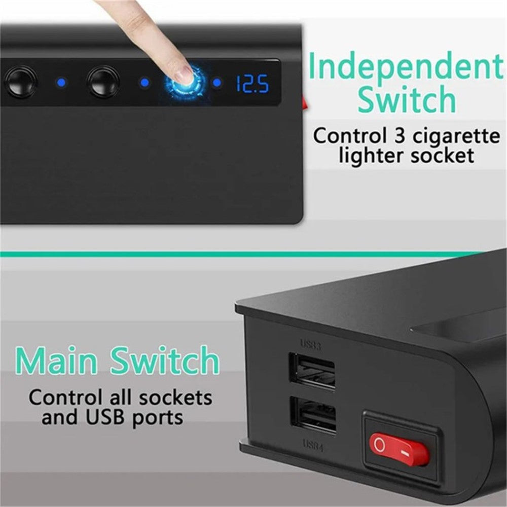 180W Car Charger 3 Cigarette Lighter Sockets 4 USB Ports QC3.0 Phone Fast Charging Adapter