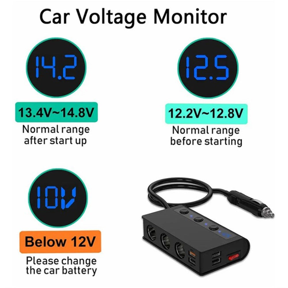 180W Car Charger 3 Cigarette Lighter Sockets 4 USB Ports QC3.0 Phone Fast Charging Adapter
