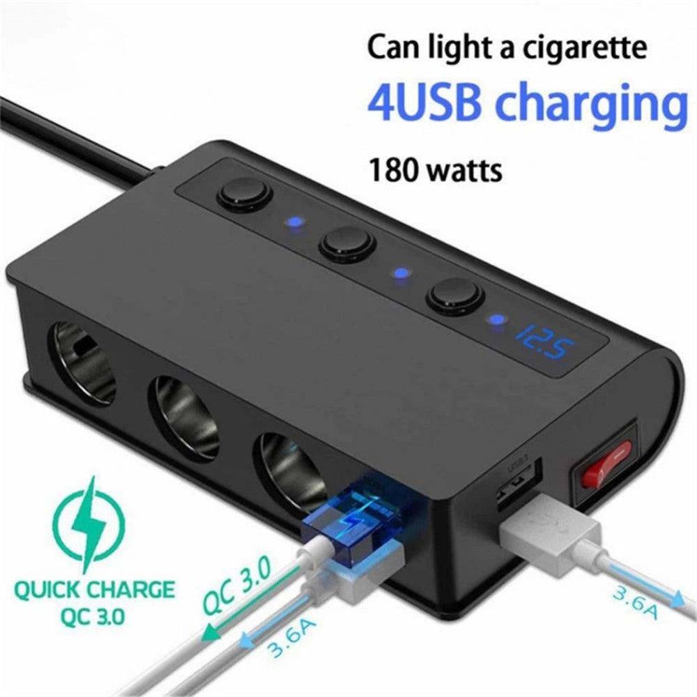 180W Car Charger 3 Cigarette Lighter Sockets 4 USB Ports QC3.0 Phone Fast Charging Adapter