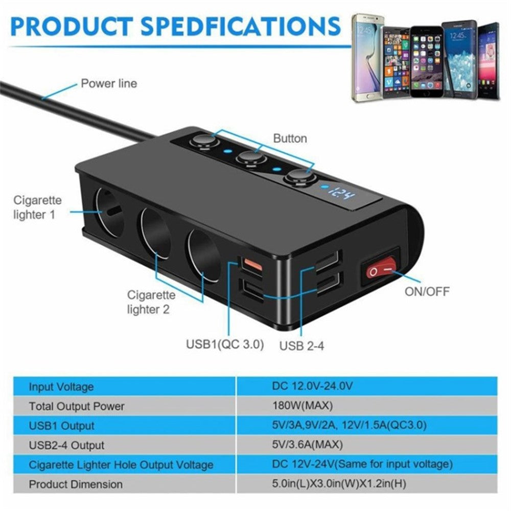 180W Car Charger 3 Cigarette Lighter Sockets 4 USB Ports QC3.0 Phone Fast Charging Adapter