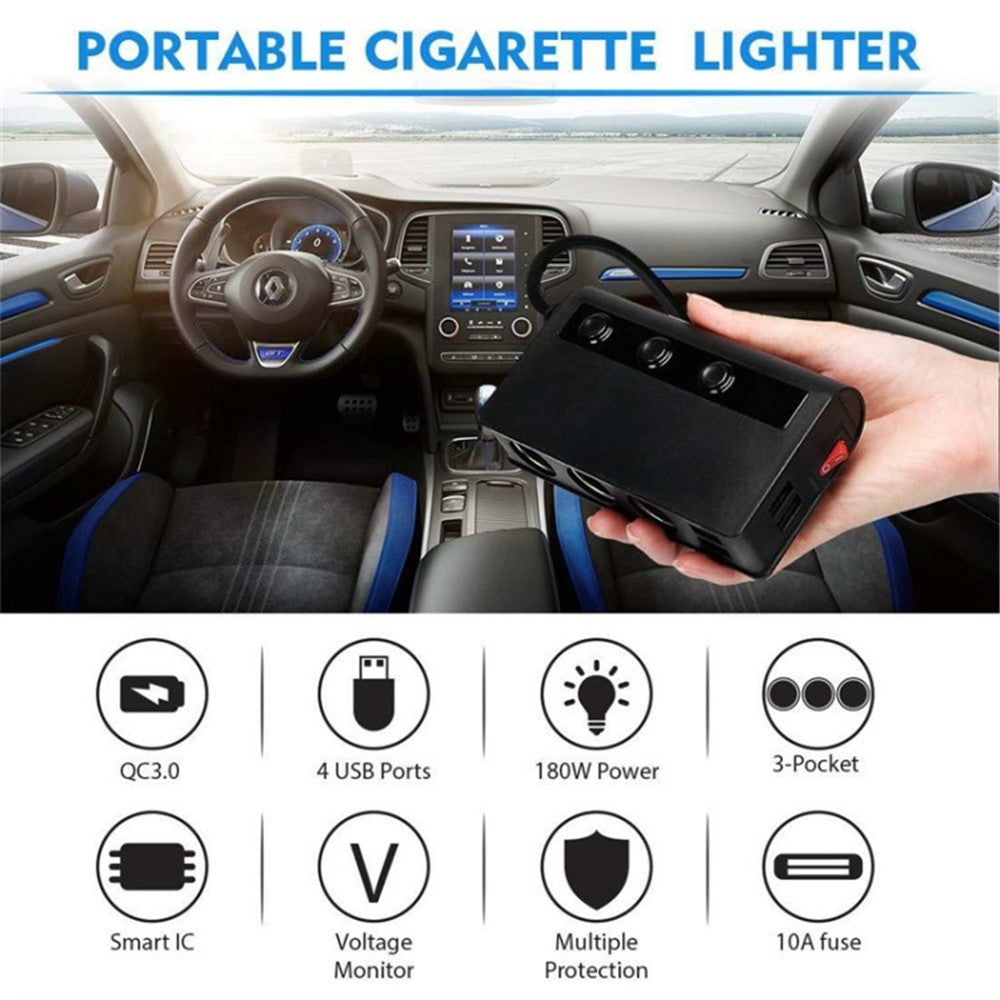 180W Car Charger 3 Cigarette Lighter Sockets 4 USB Ports QC3.0 Phone Fast Charging Adapter