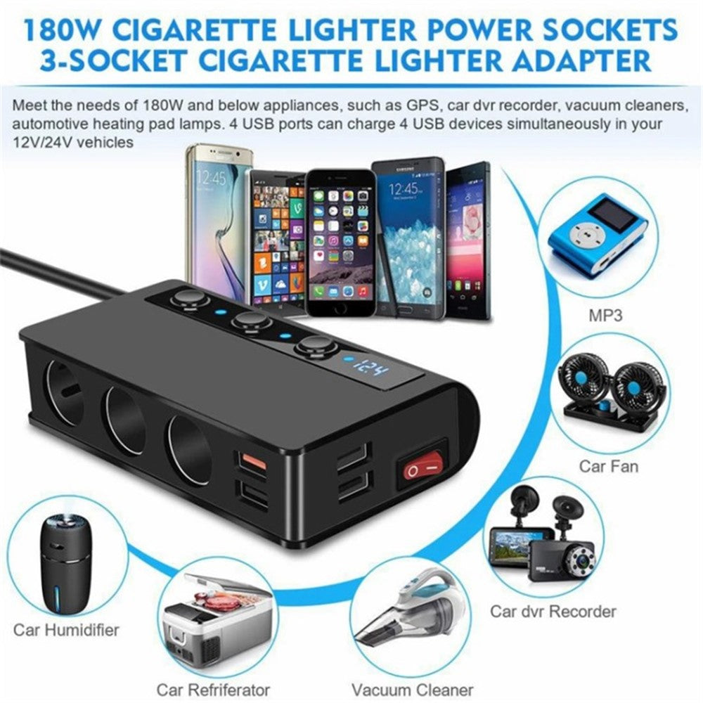 180W Car Charger 3 Cigarette Lighter Sockets 4 USB Ports QC3.0 Phone Fast Charging Adapter