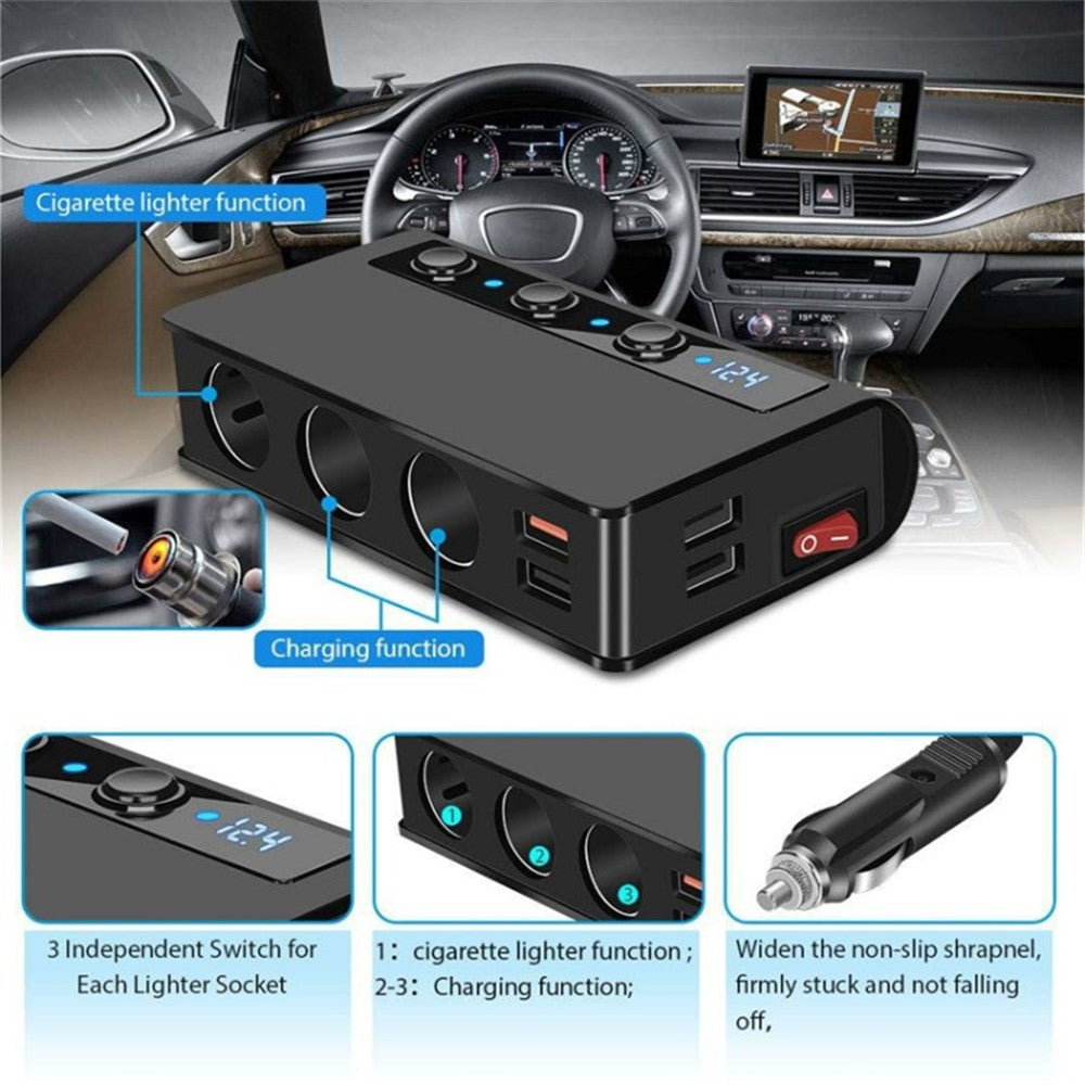 180W Car Charger 3 Cigarette Lighter Sockets 4 USB Ports QC3.0 Phone Fast Charging Adapter
