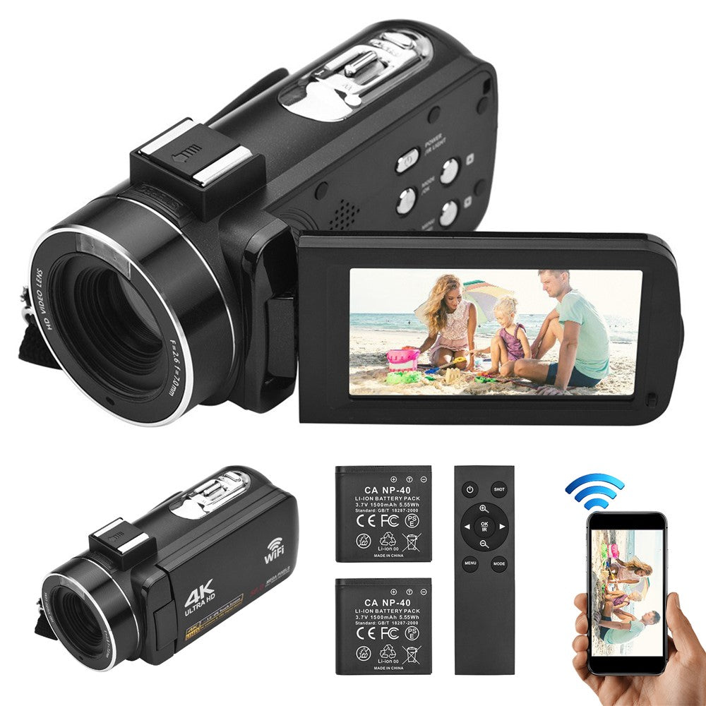 4K Digital Camera Night Vision 3 inch Touch Screen 56MP WiFi DV Camcorder with 2 Batteries + Remote Control