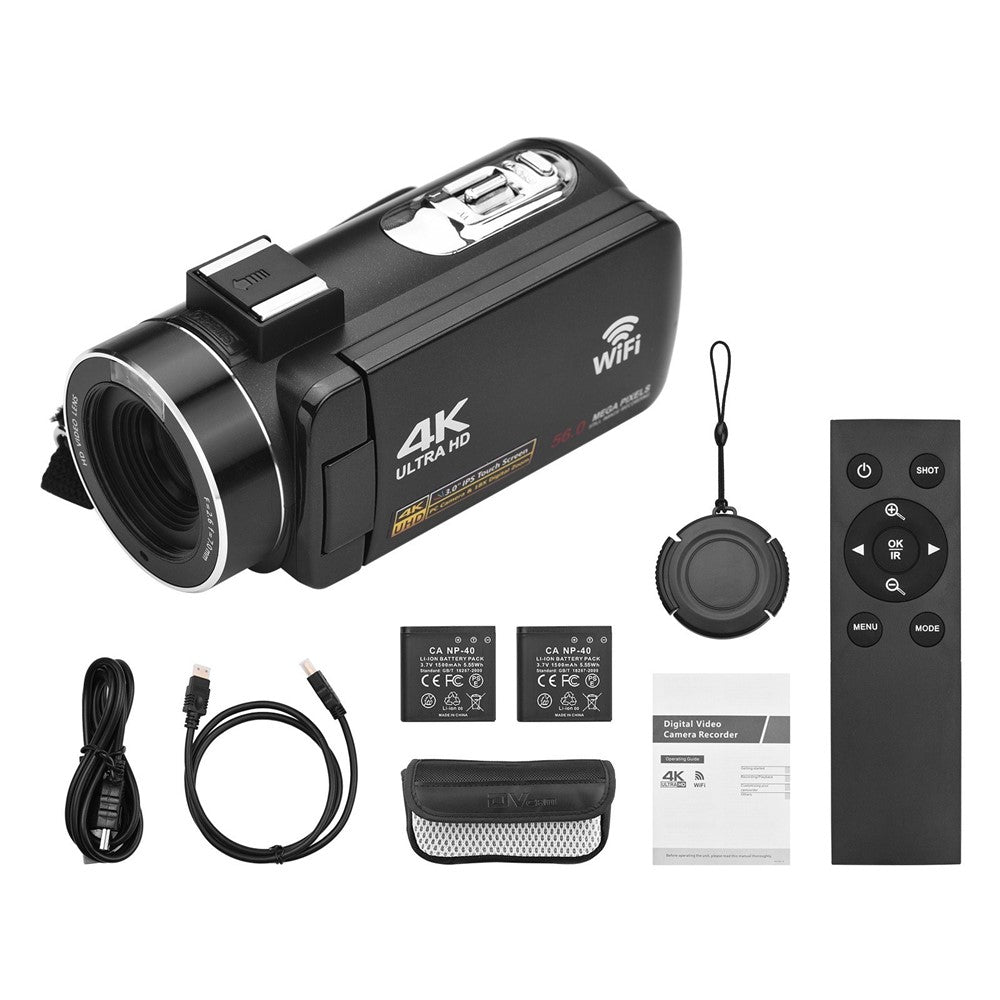 4K Digital Camera Night Vision 3 inch Touch Screen 56MP WiFi DV Camcorder with 2 Batteries + Remote Control
