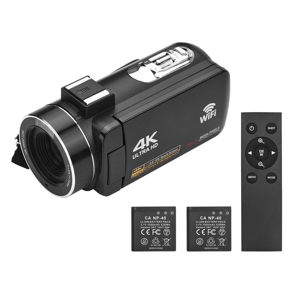 4K Digital Camera Night Vision 3 inch Touch Screen 56MP WiFi DV Camcorder with 2 Batteries + Remote Control
