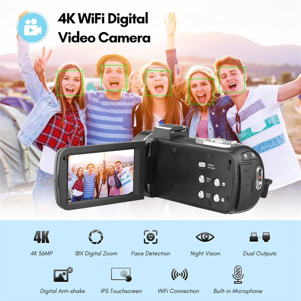 4K Digital Camera Night Vision 3 inch Touch Screen 56MP WiFi DV Camcorder with 2 Batteries + Remote Control