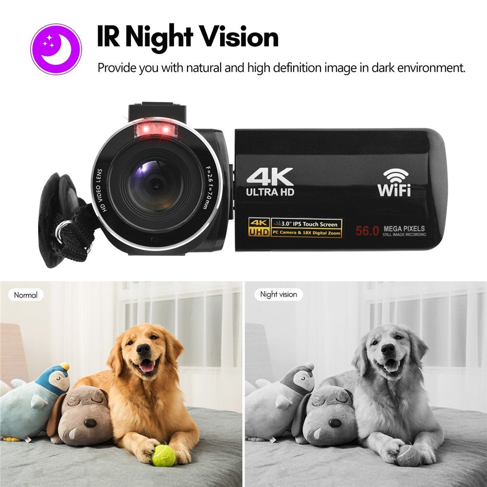 4K Digital Camera Night Vision 3 inch Touch Screen 56MP WiFi DV Camcorder with 2 Batteries + Remote Control